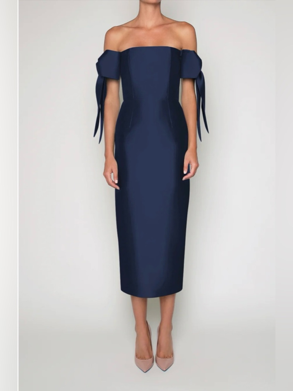 Alexia Maria Isabella Off-Shoulder Navy Midi Dress with Bow Sleeve Detail